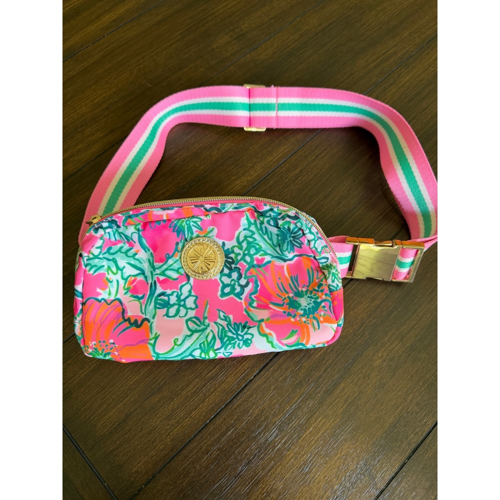 Lilly Pulitzer Pink Floral Belt Bag Tropical Print Gold Buckle Waist Pack